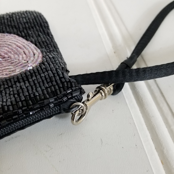 Liz Claiborne Black Beaded Wristlet Purse Formal Bag Pink Silver Hearts